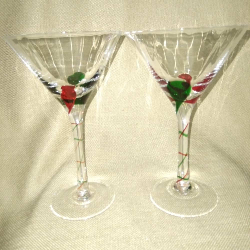 2 Pier I  Hand Blown Martini Glasses.  Red and Green Design.
